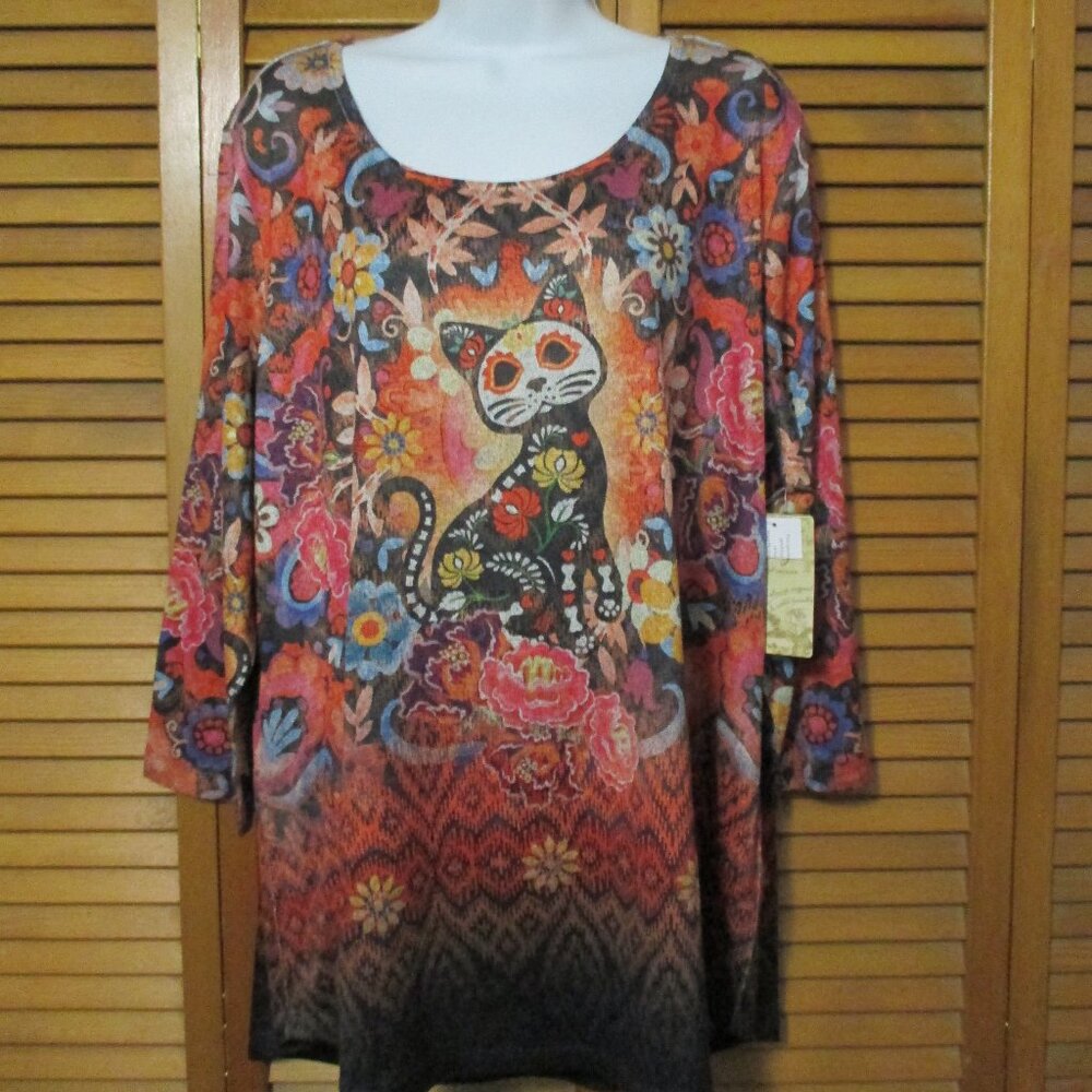 Energe NEW top colorful cat print, 3/4 sleeves lightweight & stretchy size 2x